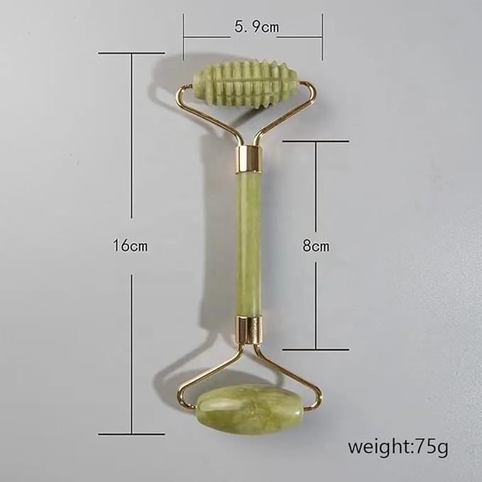 Three-Piece Facial Skincare Products - Unique Double-Sided & Textured Jade Roller, Precision Globular Roller, & Gua Sha Scraper - Reduce Puffiness - Face Roller and Gua Sha Set, Green