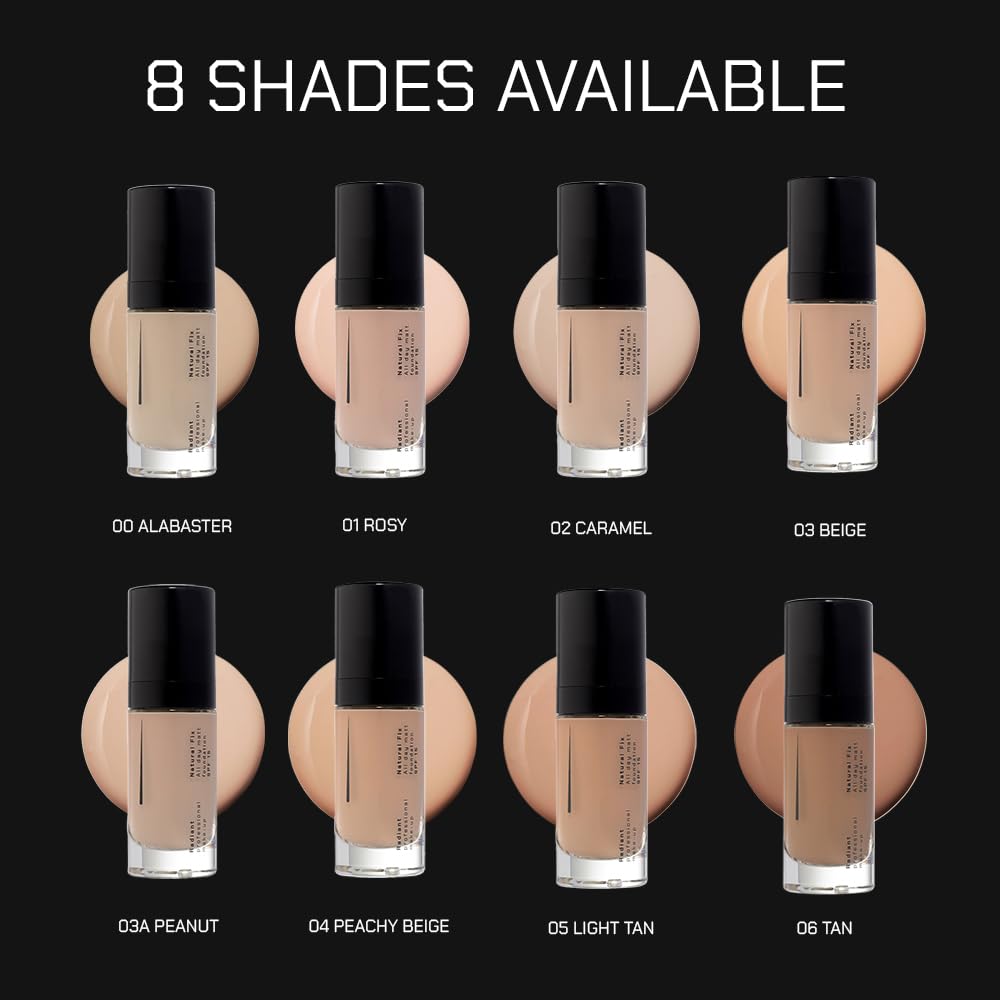 Radiant Professional Natural Fix All Day Matte Cream Foundation Makeup – Long Wear, Full Coverage Matte Foundation with SPF 15 – Oil Free Lightweight Formula for All Skin Types – 1.01oz (00 Alabaster)