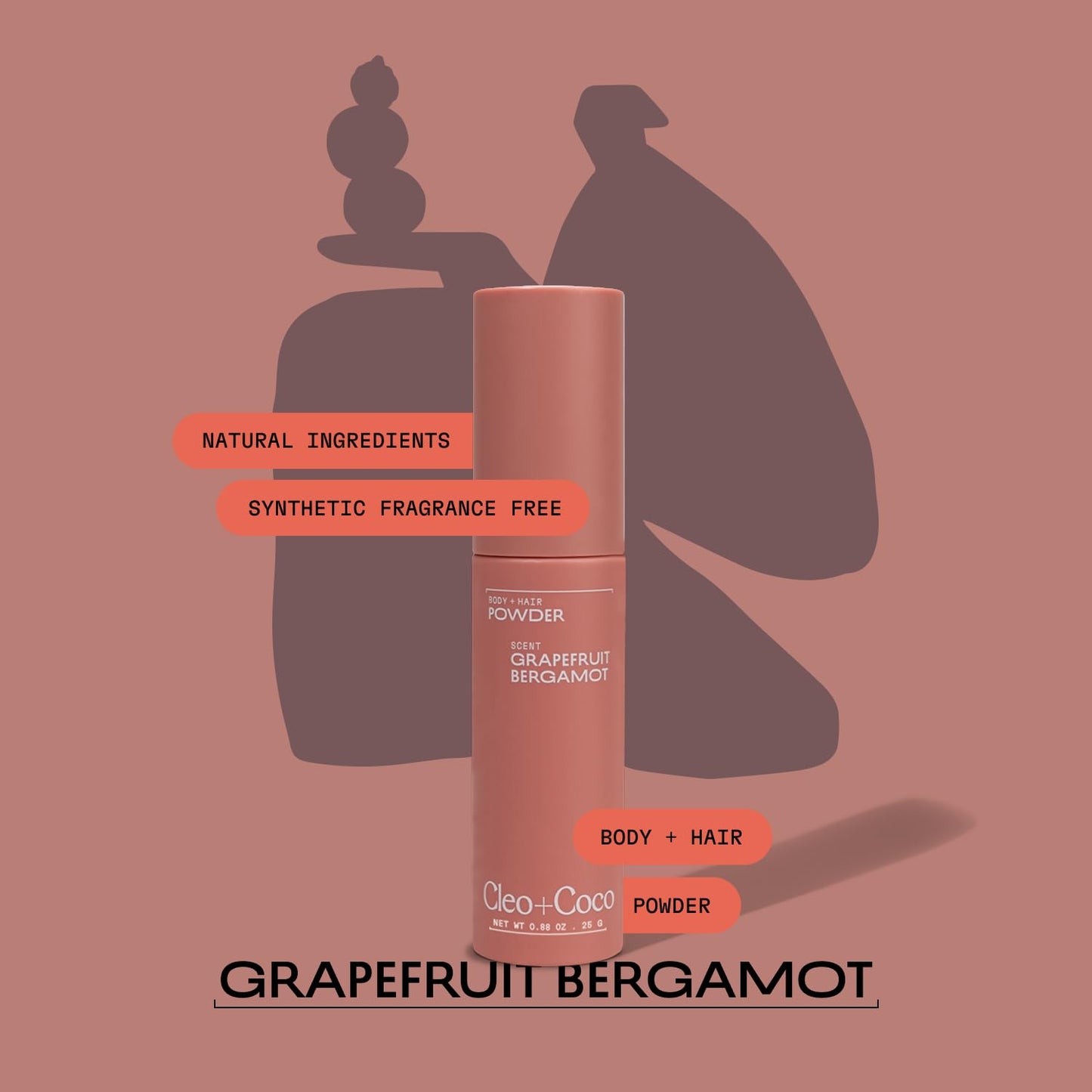 Cleo + Coco. Deodorant Powder for Body and Hair, Grapefruit Bergamot (0.88 oz), 2-in-1 Deo Powder & Dry Shampoo for Women & Men, Aluminum Free Deodorant, Talc-Free, Anti Chafe Protector, Travel-Size