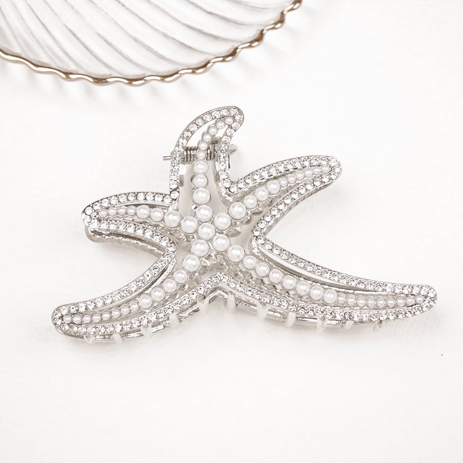 Starfish Hair Claw Clip for Thick or Thin Hair, 1PCS Sliver Starfish Hair Clips Strong Hold Large Shark Hair Jaw Clips Starfish Hair Accessories Decoration Non-Slip Clamp Clips for Women Hair Styling