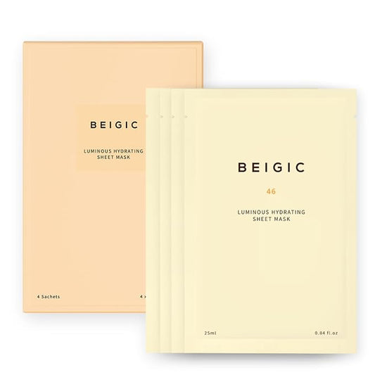 BEIGIC Luminous Hydrating Sheet Mask - Vegan Moisturizing Firming Face Mask Pack with Peptides, Vitamin C & Niacinamide for Dewy Glass Skin (4ea, 0.84 fl oz)