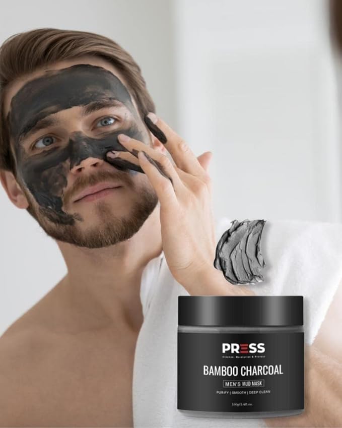 PRESS SKINCARE Bamboo Charcoal Face Mask| Mud Masks for Face | Face Masks Skincare for Men | Exfoliator, Pore Cleansing & Anti Aging Hydrating Face Masks Skin care |3.4 FL. OZ
