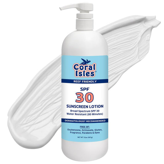 Coral Isles by Rocky Mountain Sunscreen | SPF 30 Lotion | Broad Spectrum UVA/UVB Protection | Hawaii Reef-Safe Act Compliant | Oxybenzone & Octinoxate Free | Water Resistant 80 Min. | 32 Fl Oz
