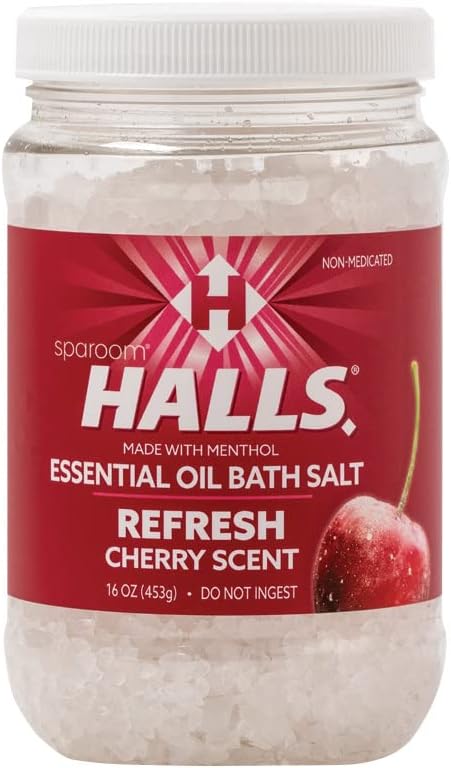 Halls Refresh Menthol with 100% Pure Essential Oils Aromatherapy Bath Salts, 16 oz, Eucalyptus, Menthol and Cherry Scent