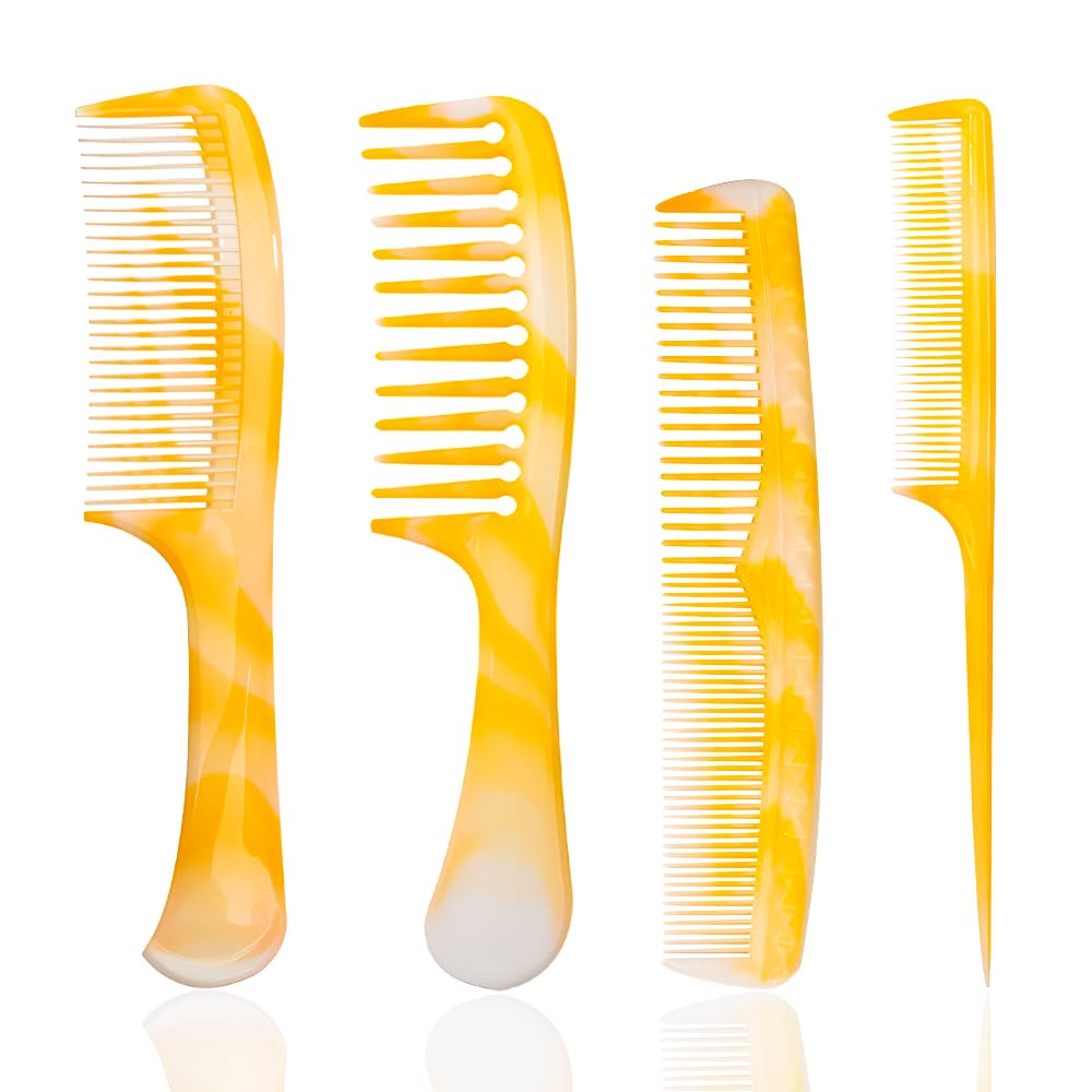 Yellow Hair Styling Combs Set - Wide-Tooth, Fine-Tooth, Rat Tail, and Dual Comb for Men and Women