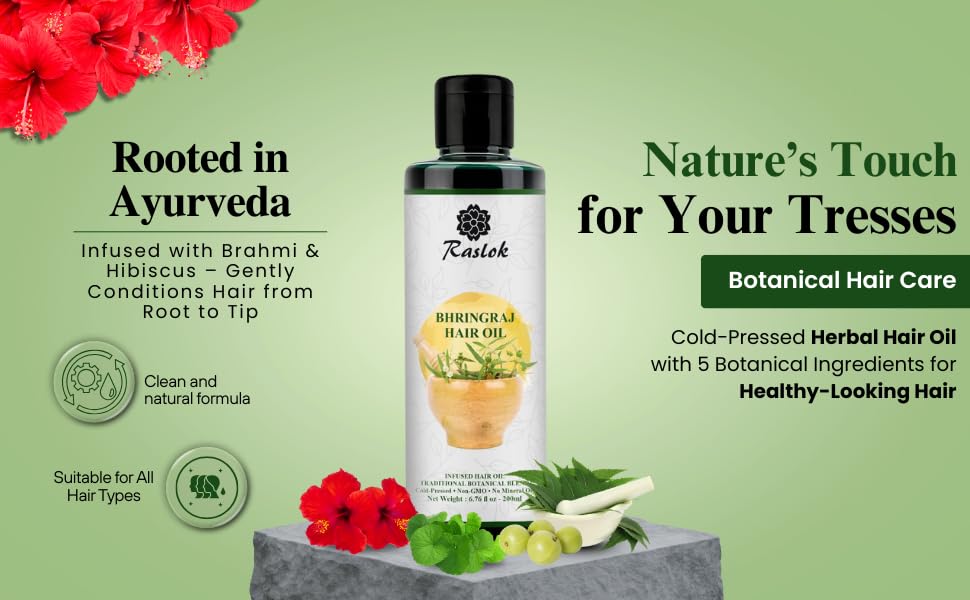 Bhringraj Hair Oil 6.76 fl oz –200ml | Ayurvedic Botanical Blend with Amla, Neem, Hibiscus & Brahmi | Cold-Pressed | Non-GMO | No Mineral Oil | Made in India