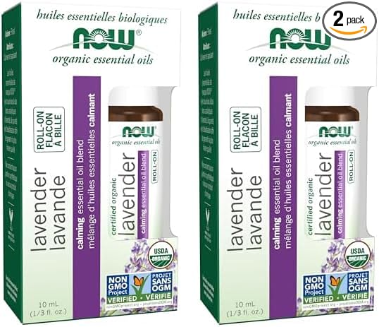 NOW Essential Oils, Lavender Roll-On, Certified Organic, Calming Blend, Steam Distilled, Topical Aromatherapy, 10-mL (Pack of 2)