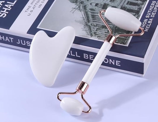 Gua Sha and Jade Roller Set for Facial Massage – Skin Care Tools to Reduce Puffiness and Redness, Perfect Self-Care Gift for Men and Women (White)