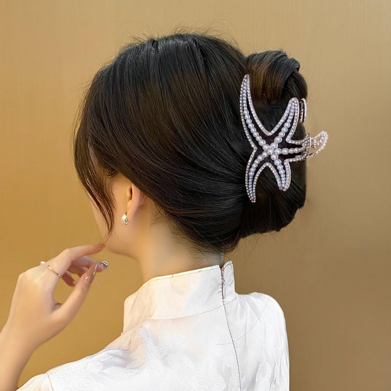 Starfish Hair Claw Clip for Thick or Thin Hair, 1PCS Sliver Starfish Hair Clips Strong Hold Large Shark Hair Jaw Clips Starfish Hair Accessories Decoration Non-Slip Clamp Clips for Women Hair Styling