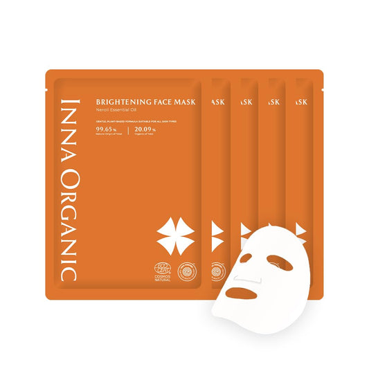 INNA ORGANIC Sheet Mask - Brightening & Radiance, EWG & COSMOS Certified (Pack of 5) | Neroli Essential Oils Infused Skin Care | Luxury Clean Beauty