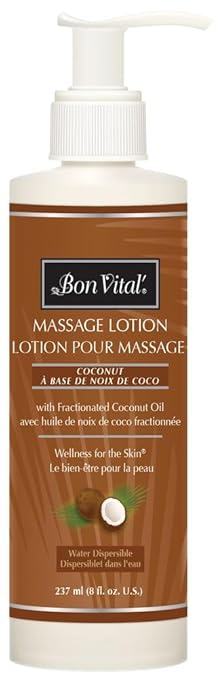 Bon Vital' Coconut Massage Lotion with 100% Pure Fractionated Coconut Oil, Lightweight Massage Lotion, Provides a Massage with Intense Skin Hydrating and Moisturizing 8 Oz, Label may Vary