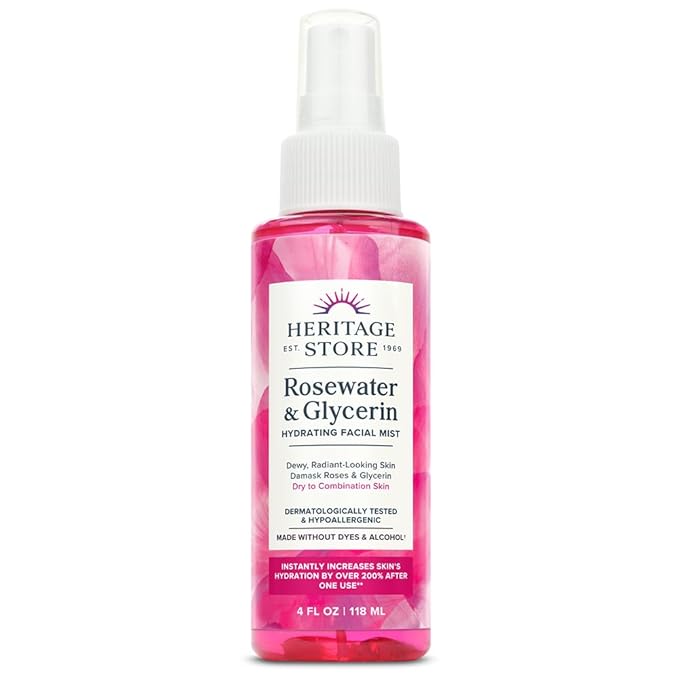 HERITAGE STORE Rosewater & Glycerin Hydrating Facial Mist - Dry Combination Skin Care - Rose Water Spray w/ Vegetable Glycerine, Made Without Dyes or Alcohol, Hypoallergenic, Vegan, Cruelty Free, 4oz