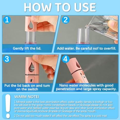 4 Pack Handheld Personal Diffuser Portable Facial Spray Steamer Mist Spray Cleaning Pores Water SPA Moisturizing Hydrating Face Sprayer, USB Rechargeable Mini Beauty Device - Pink and White