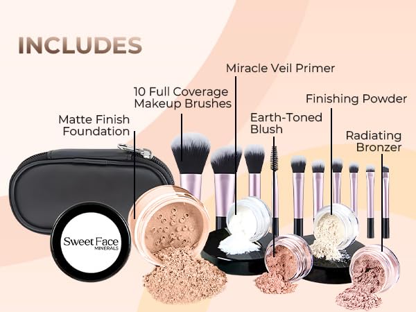 16pc Beginner Mineral Makeup STARTER KIT with 10 BRUSHES(5gm)Sample Size Foundation, Primer, Blush, Bronzer, Setting Powder for Learning, Occasional Use,First Time Users, Travel Size Kit(Pink Bisque)