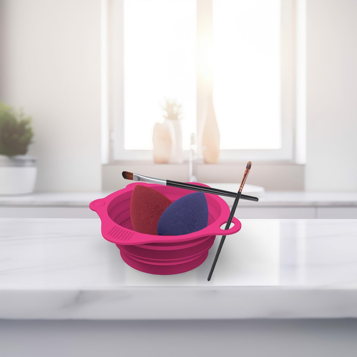 2PC Foldable Silicone Makeup Brush Cleaner Pad Bowls, YalsFTY Portable Mat Scrubber Cleaning Tool for Makeup Brushes (Purple and Rose)