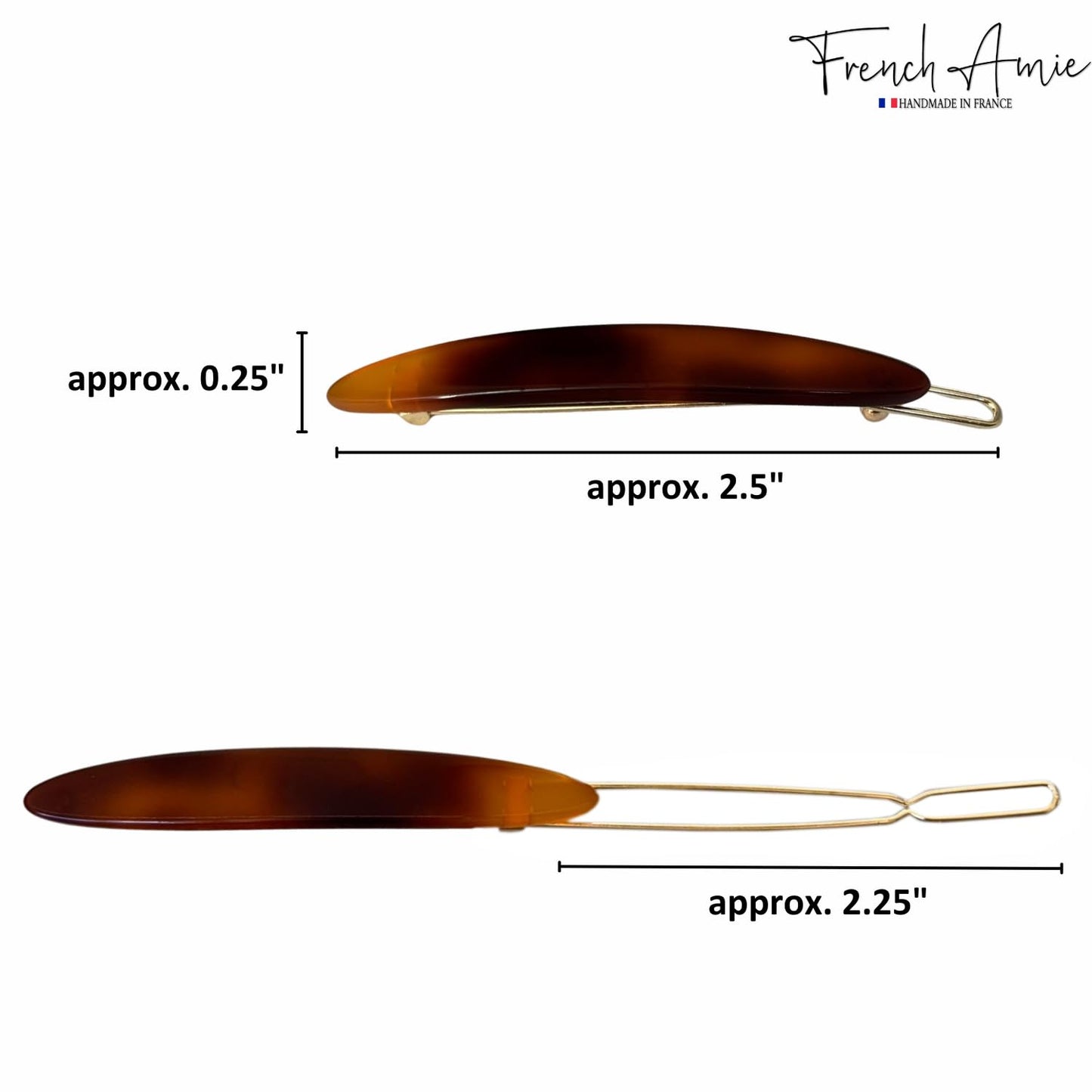 French Amie Narrow Oblong Small 2 1/4" Celluloid Acetate Set of 2 Side Slide In Hair Clip Barrettes with Tige Boule Clasp for Girls and Women, Made in France (Shell)