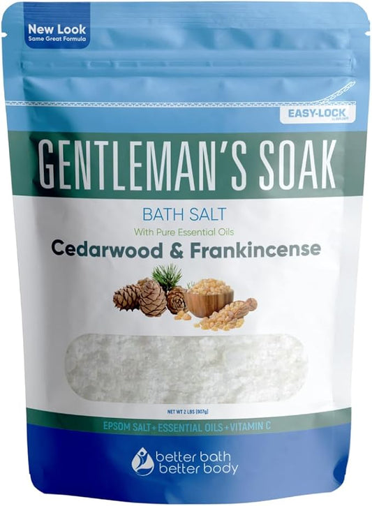 Gentleman's Bath Salt 32 Ounces Epsom Salt with Natural Cedarwood, Frankincense, Eucalyptus and Peppermint Essential Oils Plus Vitamin C in BPA Free Pouch with Easy Press-Lock Seal