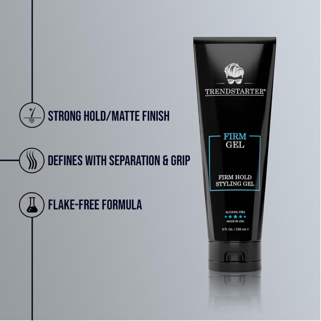 TRENDSTARTER - FIRM GEL - Firm Hold - Natural Shine - Alcohol Free - Non-Flaking Hair Gel Formula for All Hair Types - All-Day Reliability
