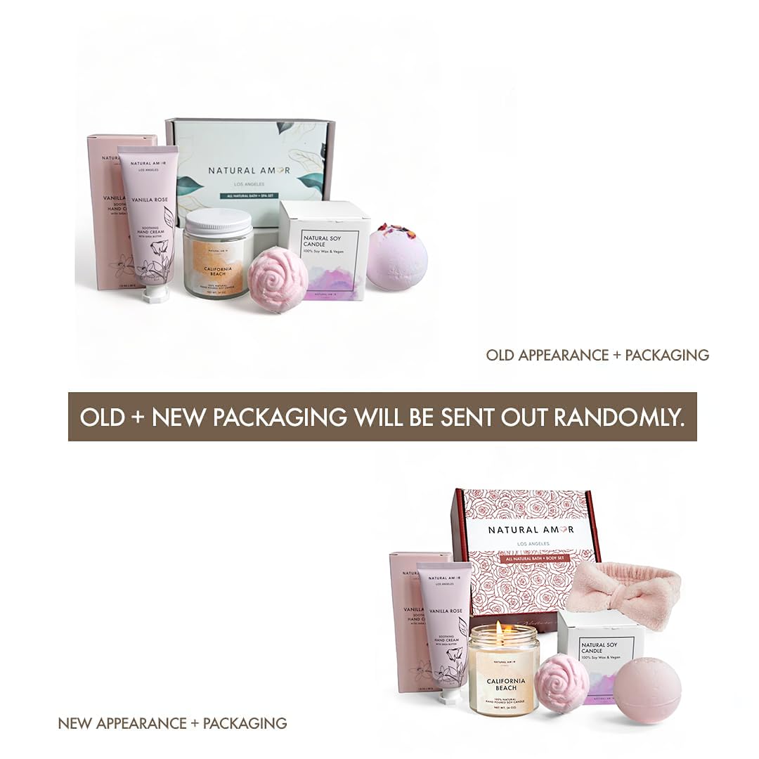 Natural Amor Relaxation Spa Gift Set for Women, 5 Piece Bath & Body Box with Candle, Hand Cream, Bath Bombs & Headband, Self Care Gift for Her