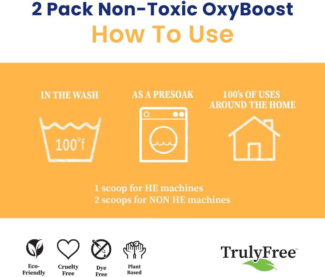 Truly Free OxyBoost - Oxygen Whitener & Clothes Stain Remover Laundry Detergent Powder with Sodium Percarbonate - Brightens Whites & Safe for Colors - Non-Chlorine, Gentle Yet Powerful - Pack of 2