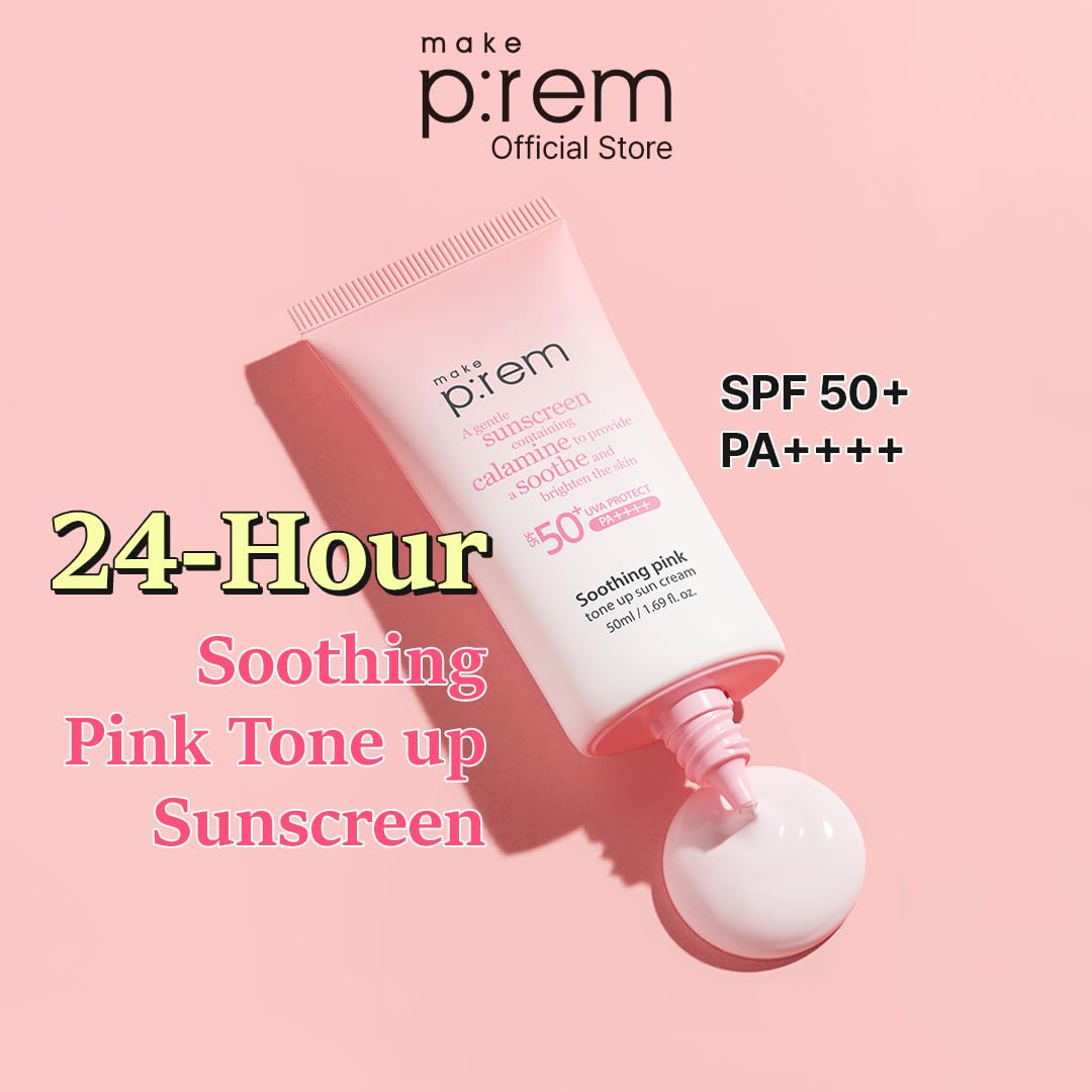MAKE P:REM Soothing Pink Tone Up Sunscreen, Mineral Sun Care for Dehydrated Skin, Lightweight, Non-Greasy Formula, Skin Tone Correction, Korean Sunscreen, SPF 50, 1.69 fl.oz. (50ml)