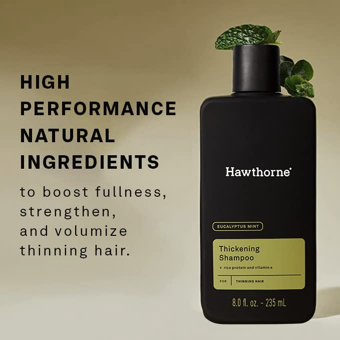 Hawthorne Thickening Shampoo for Thinning Hair. Fight Hair Loss With Rice Protein & Vitamin E Thickening Formula. Eucalyptus Mint Scent. Sulfate Free Mens All Natural Shampoo. 8 fl. oz. 2-Pack.