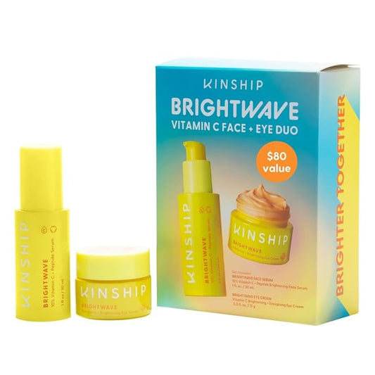 Kinship Brightwave Vitamin C Face + Eye Duo - 10% Vitamin C Serum (1 Fl Oz) + Brightening Eye Cream (0.5 Oz) | Fade Dark Spots - Reduce Fine Lines, Wrinkles, Dark Circles + Puffiness - All Skin Types