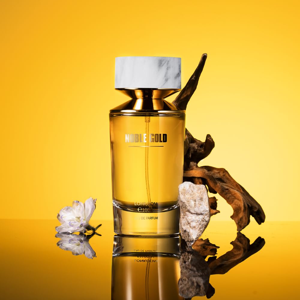 Lonkoom Noble Gold Perfume for Women, 3.4 fl oz/100ml Eau de Parfum Spray Long-Lasting Fragrance, Oriental Floral Notes of Almond, Praline, Red Berries, Iris, Violet, Vetiver, Moss, Tonka Bean