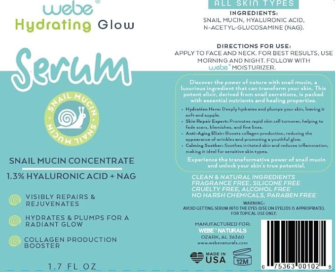 WEBE Snail Mucin 94% Hydrating Glow Serum | 1.3% Hyaluronic Acid & N-Acetyl Glucosamine | Collagen Boosting, Anti Aging, Intense Repairing & Moisturizing Serum for Radiant, Plump Skin