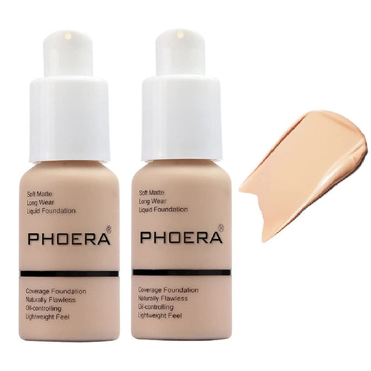 2 Pack PHOERA Foundation,Flawless Soft Matte Liquid Foundation 24 HR Oil Control Concealer Foundation Makeup,Full Coverage Foundation for Women and Girls (102 Nude)