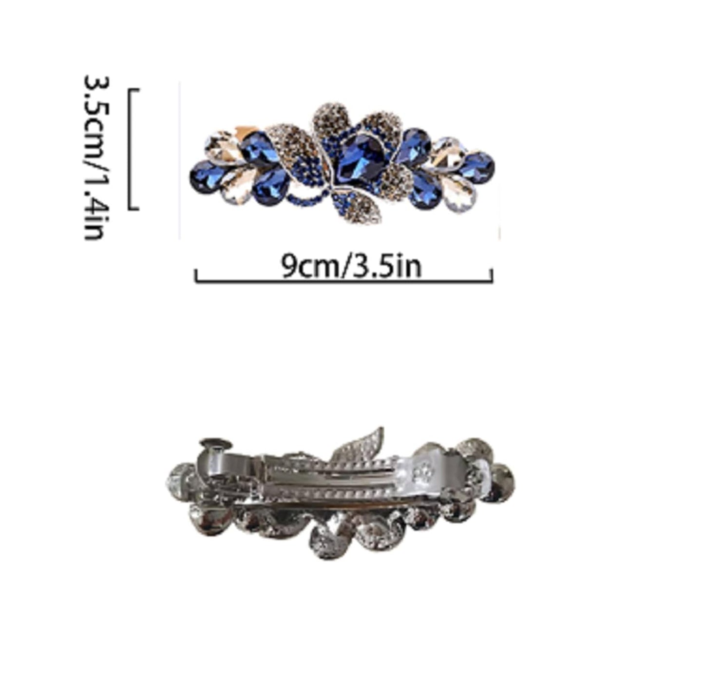 A crystal hairpin with box, Elegant Crystal Hair Barrette, Blue and Silver Rhinestone Flower Design, Large Metal Hair Clip for Women and girls.