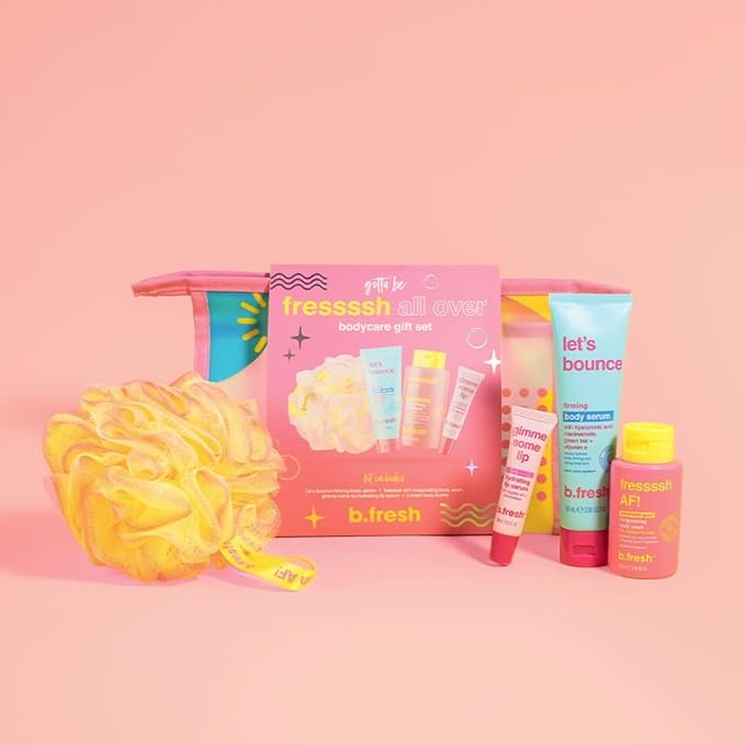 b.fresh Body Care Gift Set | Fressssh All Over - Self Care Kit Includes Travel Size Body Wash, Firming Body Serum, and Full Size Loofah with Hydrating Lip Serum