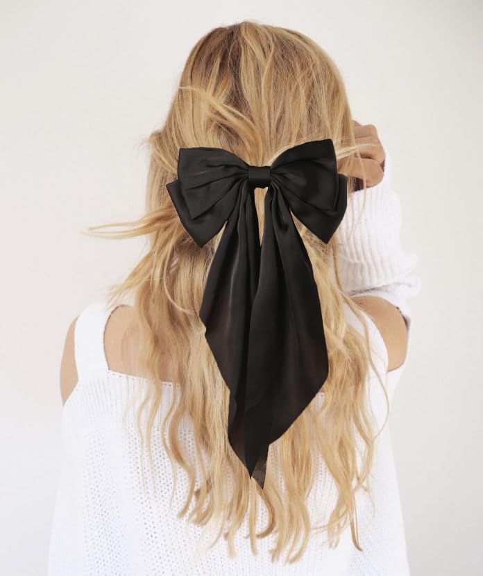 Furling Pompoms Hair Bow Clips Black White Big Satin Barrette Alligator Clips Long Tail Hair Accessories for Women Girls Teens,Pack of 2