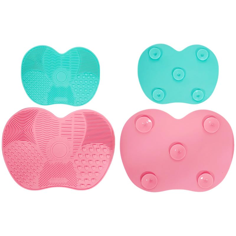 4 Pcs Silicone Makeup Brush Cleaning Mat Portable Makeup Brush Cleaning Mat with Suction Cup, Washing Tool for Makeup Brushes, Large and Small Sizes (Green and Pink)