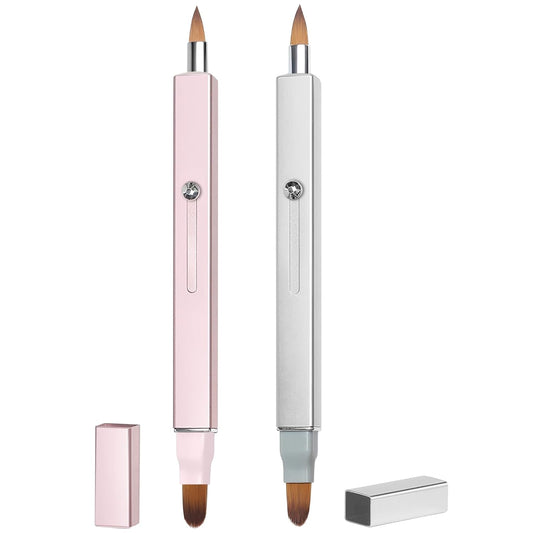 Retractable Retractable Dual-ended Lipstick Brush Double-ended Lip Makeup Brush Lip Gloss, Eyeshadow-2PCS (Silver + Pink)