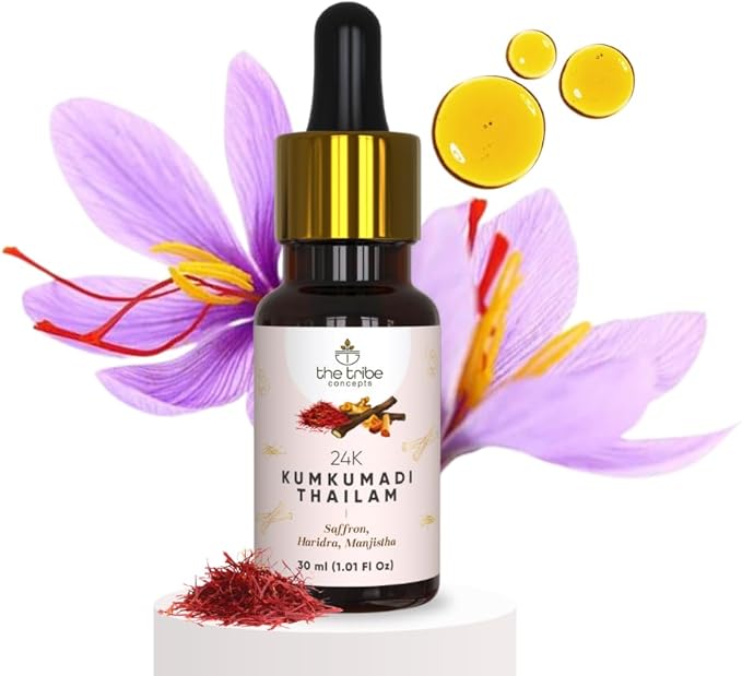 24k Kumkumadi Thailam, Skin Brightening, Oil, Toned Glow Enriched with Saffron Sandalwood, Chemical Free Natural, 30 ml Pack of 1 Standard