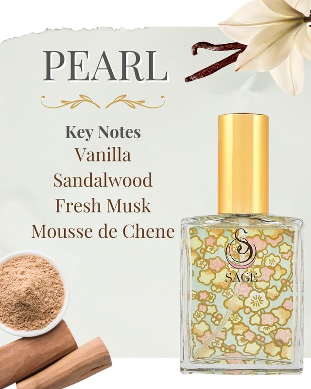 The Sage Lifestyle Pearl Organic Luxury Perfume Spray, Sandalwood, Vanilla, Musk, Luxury Long Lasting Scent, Vegan & Cruelty Free, Made in USA, 2 oz Travel Size Perfume
