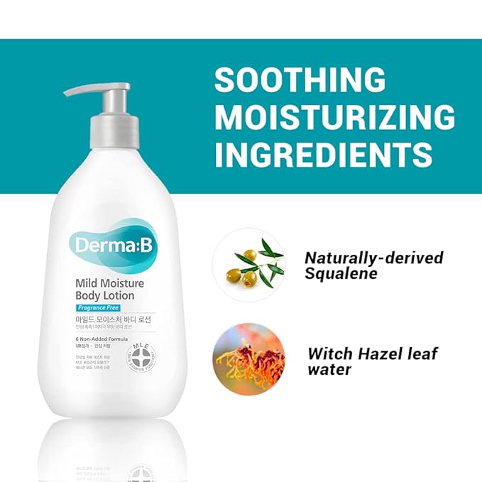 DERMA B Mild Moisture Body Lotion, Fragrance-Free Non-Irritating Body Moisturizer for Dry & Sensitive Skin with Witch Hazel, Unscented Fast-Absorbing Moisturizing Korean Skincare,13.5 Fl Oz,400ml