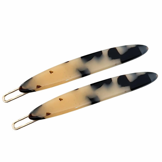 French Amie Narrow Oblong Small 2 1/4" Celluloid Acetate Set of 2 Side Slide In Hair Clip Barrettes with Tige Boule Clasp for Girls and Women, Made in France (White Tokyo)