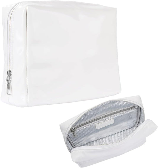 Stay Golden Insulated Waterproof Makeup Bag for Women Heat-Resistant Travel Cosmetic & Toiletry Bag | Luxurious Vegan Leather Portable Makeup Organizer - (Silver Zipper, White)