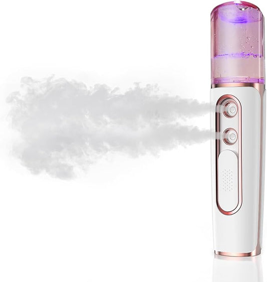 Nano Facial Mister, Cool Mist Face Steamer with 2 Spray Nozzle, USB Rechargeable, Visual Water Tank, Nano Mister for Eyelash Extensions, Skin Care, Daily Makeup, Deep Hydrating-Pink