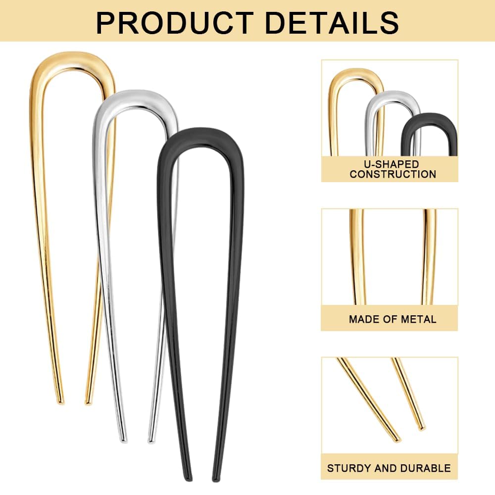 3 Pcs French Hair Pins for Women, Metal Hair Accessories for Buns, French Twists, Updos, Elegant Hair Clips for Long, Thick, Curly, Thin, or Fine Hair, Durable and Stylish Hair Styling Set