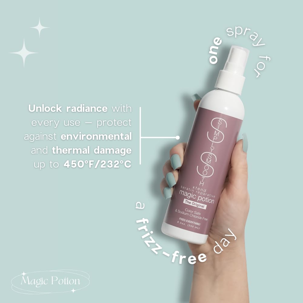 Simply Smooth Xtend Keratin Reparative Magic Potion Original Leave In Conditioner Detangler & Heat Protection Styling Spray Repair & Reduce Breakage Color Safe & Sodium Chloride Free 4 Oz.