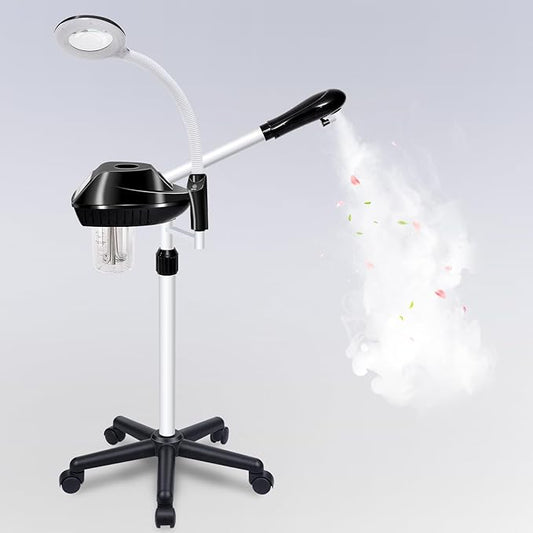Professional Facial Steamer, 2 in 1 Ozone Facial Steamer on Wheels, with 5X Magnifying Lamp, Facial Steamer with Time Setting, Stand Facial Steamer Adjustable Height for Spa, Salon and at Home use