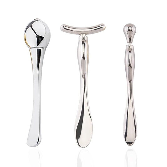 BetterJonny 3Pcs Metal Eye Cream Applicator Roller Wand Stick, Cosmetics Spoon Eye Cream Massager Wand Girls Women Facial Massager for Fatigue Relief Reduce Puffiness (Silver)