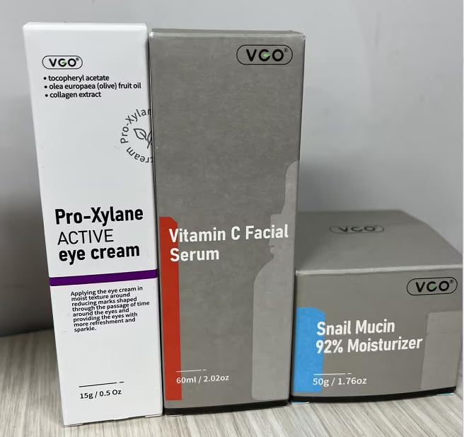VGO Skin Care Set, with Snail Mucin 92% Moisturizer, Vitamin C Serum & Pro-Xylane Active Eye Cream, 3-Step Skin Care Kit, Day & Night Skincare Routine