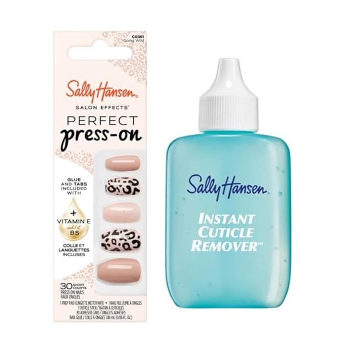 Sally Hansen Instant Cuticle Remover & Salon Effects Going Wild Press On Nails Kit - 15 Second Cuticle Gel with Aloe & 30 Nail Designs with Nail Glue