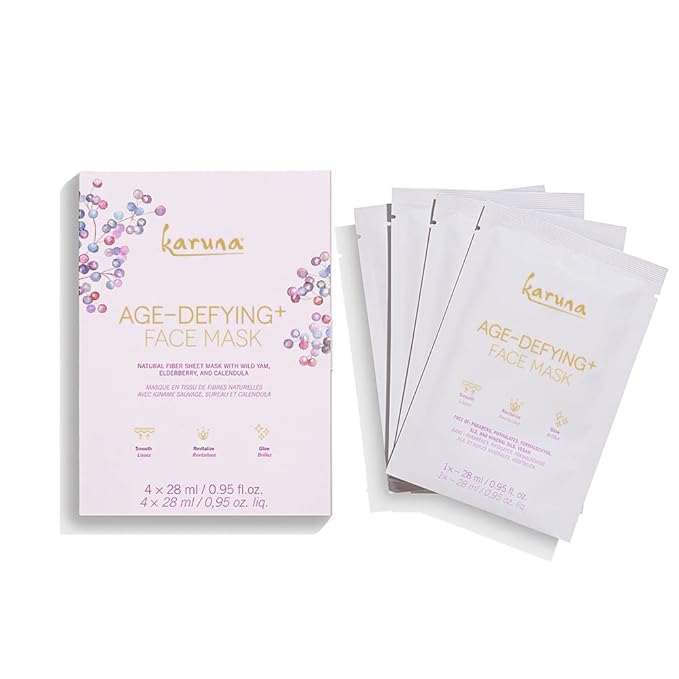 Karuna Skin - Age-Defying+ Face Masks for Dry, Mature Skin, Rejuvenating & Nourishing Sheet Masks Skincare Essential, Facial Mask with Elderberry, Calendula & Wild Yam, 4 Sheets per Pack