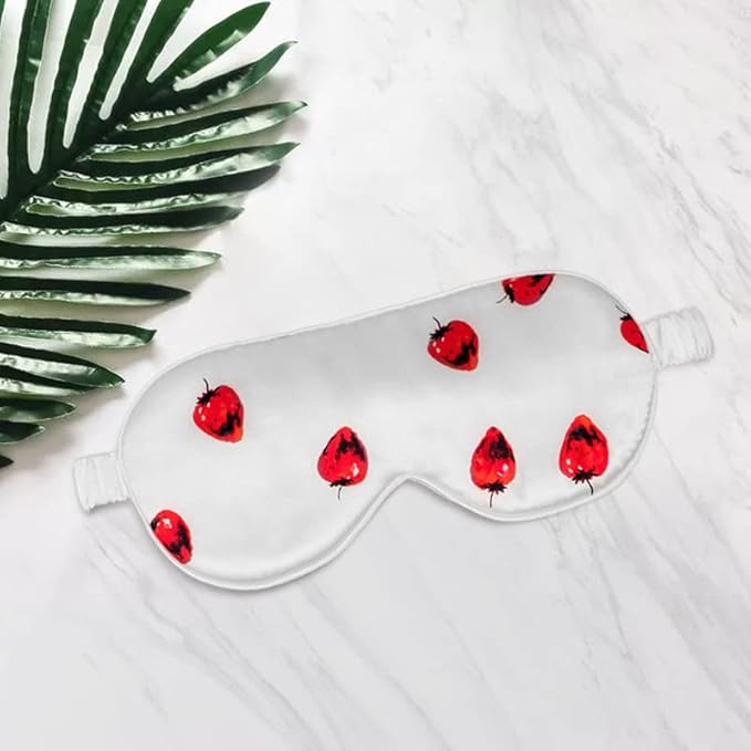 THXSILK Sleep Mask 100% 19 Momme Pure Mulberry Silk Super Smooth Cooling Decorative Sleep Eye Mask Blackout Eye Cover with Wide Head Strap, Strawberry-White