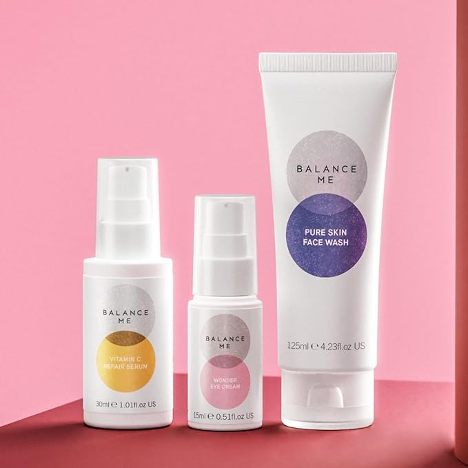 Balance Me Gift Set Glow + Replenish Vitamin C Repair Serum, Pure Skin Face Wash, Wonder Eye Cream, Natural/Vegan Skin Care, 3 Full Size Products - 1 each